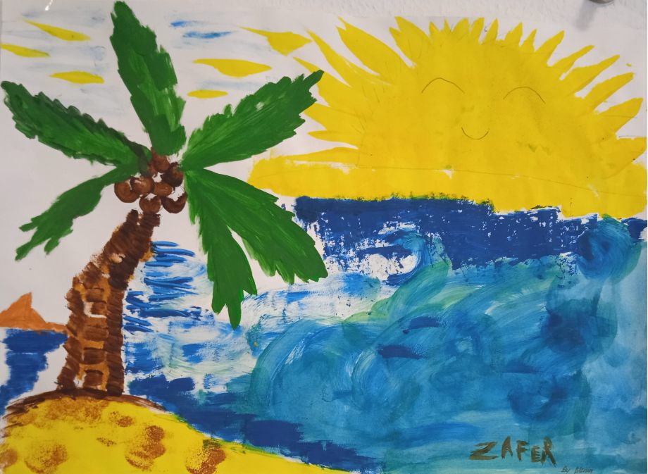 Eine Sonne geht über einem Meer unter, links im Bild ist eine Insel mit Palme. Gemalt von Zafer.