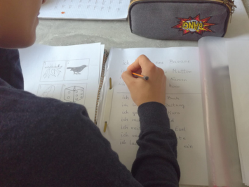 Blick über die Schulter einer jungen Frau in einen Ordner in den sie schreibt. Der Link führt zu Informationen zu den Integrationskursen.